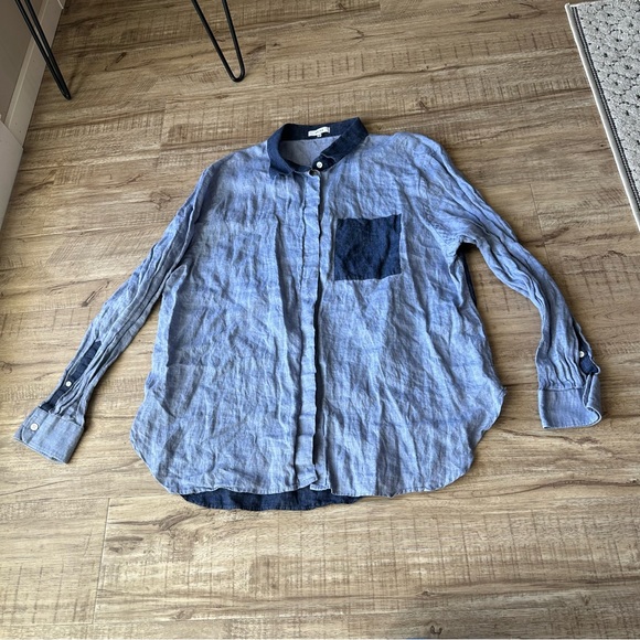 Reiss 100% linen men’s 14 large button down shirt blue pocket long sleeve office - Picture 2 of 12